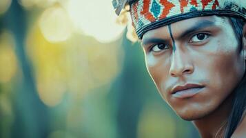 Tribal man in traditional attire gazing thoughtfully in a lush rainforest during daylight photo