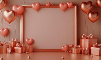 Valentines Day decorations featuring heart shaped balloons and gifts in a cozy setting photo