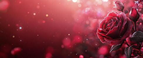 A close up view of a red rose against a shimmering bokeh background during golden hour photo