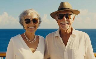 Happy elderly couple enjoying a sunny day at sea, smiling against a beautiful ocean backdrop photo