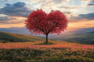 A heart shaped tree stands in a colorful meadow at sunset with rolling hills behind it photo