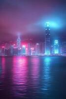Vibrant nighttime skyline of Hong Kong with colorful lights reflecting on the water photo
