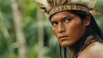 Tribal man in traditional attire gazing thoughtfully in a lush rainforest during daylight photo