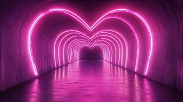 Vibrant neon pink tunnel with heart design illuminated in a dark underground setting photo