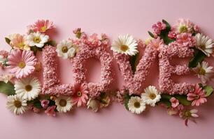 Colorful floral arrangement spelling out love on a pink background for a romantic occasion photo