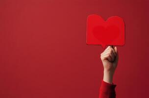 A hand holding a red felt heart against a vibrant red background, symbolizing love and affection photo