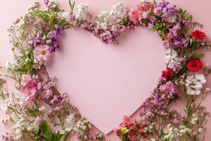 Heart shaped floral arrangement on a blue background with pink blossoms and greenery photo