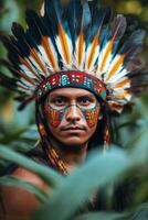An indigenous man adorned with vibrant feathers and face paint, poised in lush greenery photo