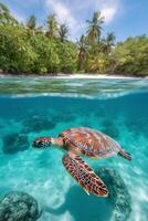 Turtle swimming gracefully in clear tropical waters near a serene beach under a blue sky photo