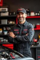 Skilled mechanic in workshop showcasing expertise and confidence while standing with crossed arms photo