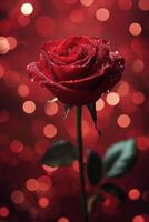 Beautiful red rose standing elegantly against a sparkling background during twilight photo