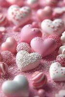 Colorful heart shaped decorations floating in a pink background with bubbles and shiny surfaces photo