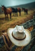 A cowboy hat rests on a wooden fence in a peaceful pasture with grazing horses in the background photo
