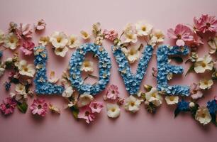 Colorful floral arrangement spelling out love on a pink background for a romantic occasion photo