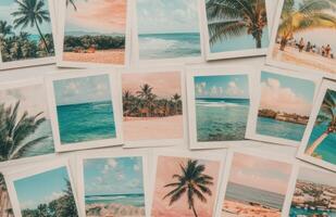 Vintage travel photographs of tropical beaches and palm trees scattered on a wooden surface photo