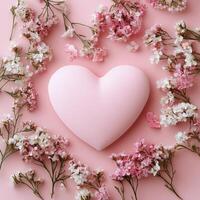 Delicate heart decoration surrounded by fresh flowers on a soft pink background photo