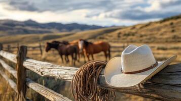 A cowboy hat rests on a wooden fence near horses grazing in a sunlit field photo