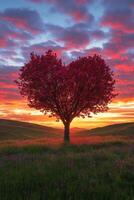 Heart shaped tree blossoms in a vibrant meadow at sunset photo