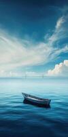 A small wooden boat floating calmly on tranquil waters under a bright blue sky photo