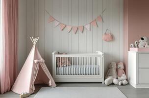 Cozy nursery with a teepee tent and pastel decorations for a playful atmosphere photo