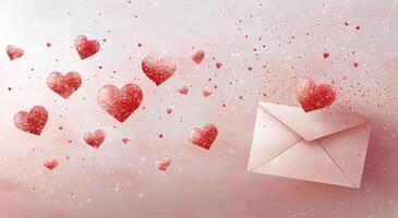 Romantic envelope surrounded by floating hearts on a pink background during Valentines season photo