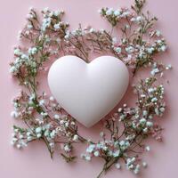 Delicate heart decoration surrounded by fresh flowers on a soft pink background photo