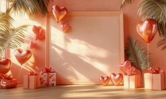 Valentines Day decorations featuring heart shaped balloons and gifts in a cozy setting photo