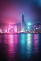 Vibrant nighttime skyline of Hong Kong with colorful lights reflecting on the water photo
