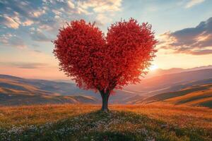 A heart shaped tree stands in a colorful meadow at sunset with rolling hills behind it photo