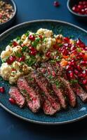 Grilled steak slices served with pomegranate quinoa salad on a blue plate photo