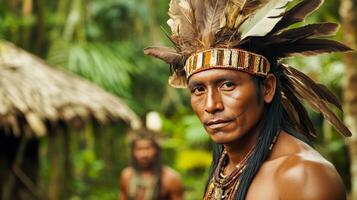 Tribal man in traditional attire gazing thoughtfully in a lush rainforest during daylight photo