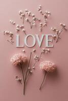 A pink floral arrangement with the word love displayed elegantly on a soft pastel background photo