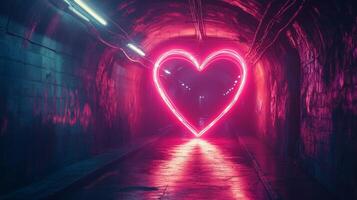 Vibrant neon pink tunnel with heart design illuminated in a dark underground setting photo