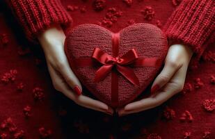 Hands presenting a heart shaped gift box tied with a ribbon against a red background photo