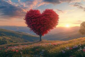 A heart shaped tree stands in a colorful meadow at sunset with rolling hills behind it photo