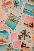A collection of colorful beach photographs showcasing palm trees and serene ocean views photo