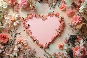 Heart shaped floral arrangement on a blue background with pink blossoms and greenery photo
