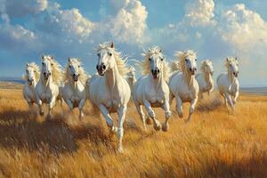 Six majestic white horses sprinting through a golden field under a bright blue sky photo