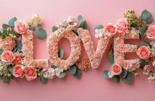 Colorful floral arrangement spelling out love on a pink background for a romantic occasion photo