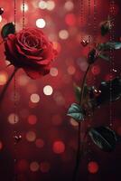 Beautiful red rose standing elegantly against a sparkling background during twilight photo