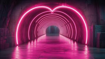 Vibrant neon pink tunnel with heart design illuminated in a dark underground setting photo