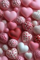 Colorful heart shaped decorations floating in a pink background with bubbles and shiny surfaces photo