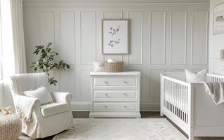 Cozy and elegant nursery featuring a crib, dresser, and comfortable armchair in soft colors photo
