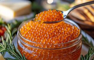 Freshly harvested salmon roe in jar served with herbs and cheese in outdoor setting photo