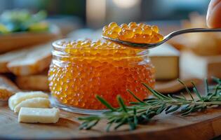 Freshly harvested salmon roe in jar served with herbs and cheese in outdoor setting photo