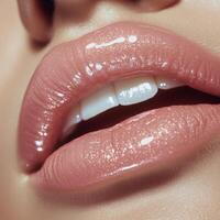 Glossy pink lips close up showcasing a natural smile in bright lighting for a beauty look photo