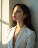 Woman in a white blazer leaning against a wall, bathed in soft sunlight during the day photo