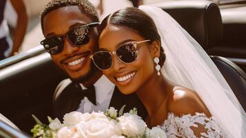 Young couple in classic car at a wedding, smiling with flowers under bright sunlight photo