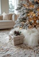 Cozy holiday gift wrapped in white fabric with pinecones, placed near a decorated Christmas tree photo
