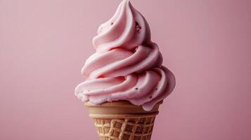 Creamy pink ice cream in a waffle cone against a pastel background photo